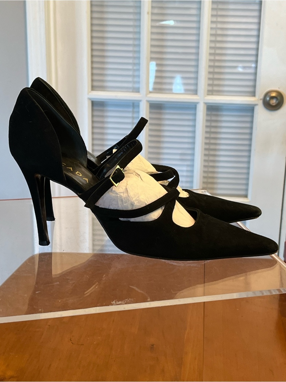 Escada Black Suede Double-Strap Pointed-Toe Heels (37.5/7.5)